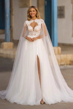 Elegant White V Neck A Line Wedding Dress With Appliques And Detachable Coat