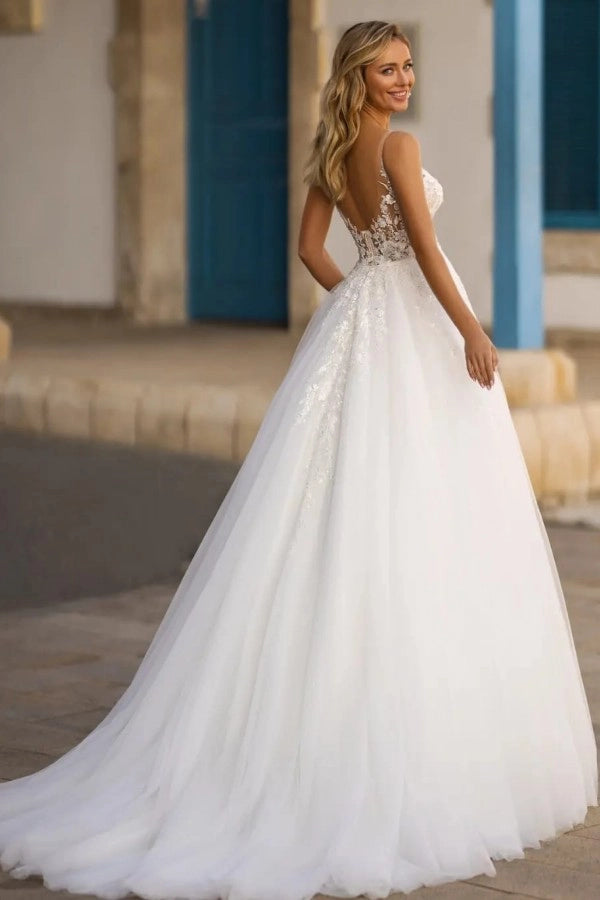 Elegant White V Neck A Line Wedding Dress With Appliques And Detachable Coat