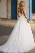 Elegant White V Neck A Line Wedding Dress With Appliques And Detachable Coat