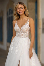 Elegant White V Neck A Line Wedding Dress With Appliques And Detachable Coat