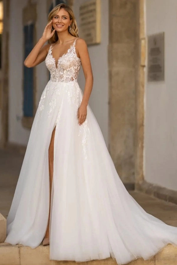 Elegant White V Neck A Line Wedding Dress With Appliques And Detachable Coat