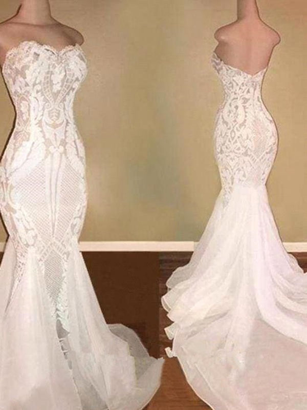 Elegant White V Neck Mermaid Lace Wedding Dress For Modern Brides