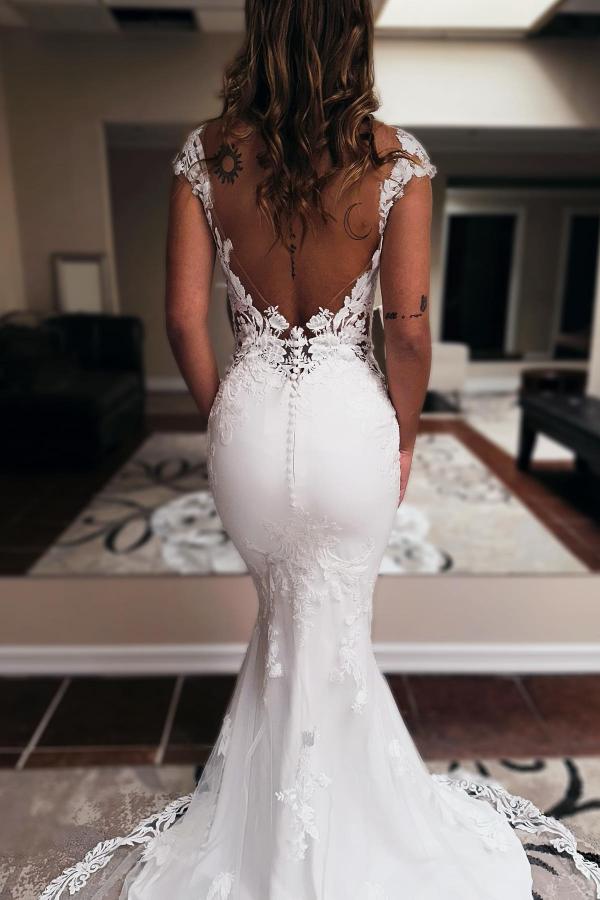 Elegent Long Mermaid Sweetheart Sleeveless Chapel Train Backless Wedding Dress