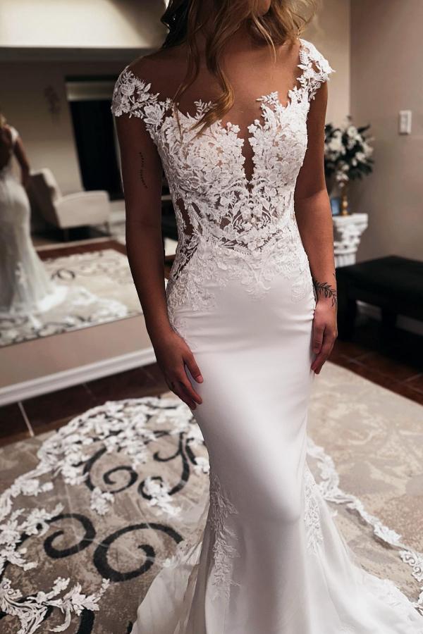 Elegent Long Mermaid Sweetheart Sleeveless Chapel Train Backless Wedding Dress