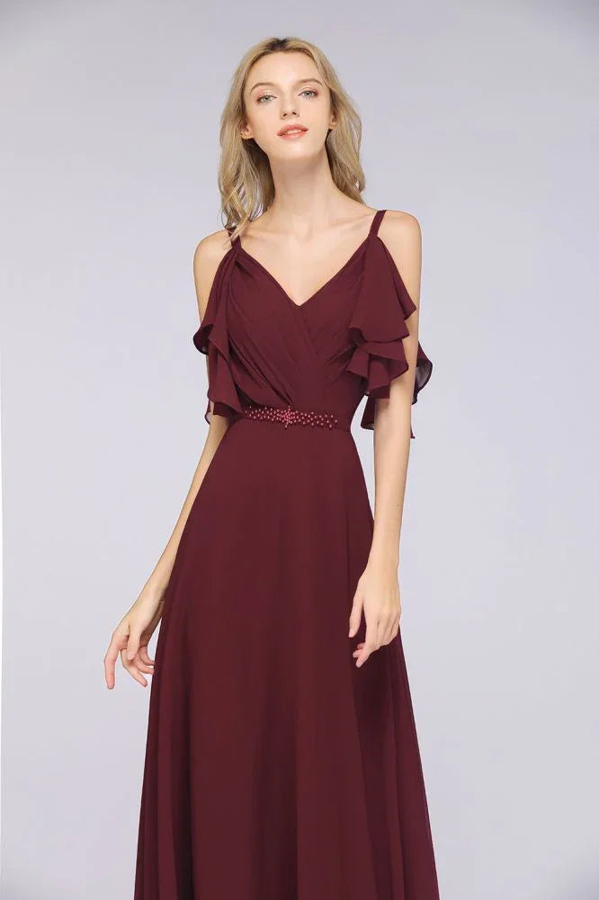 Abito da damigella elegante in chiffon con balze, lungo fino al pavimento, linea A, perle, senza maniche, abito da cerimonia nuziale