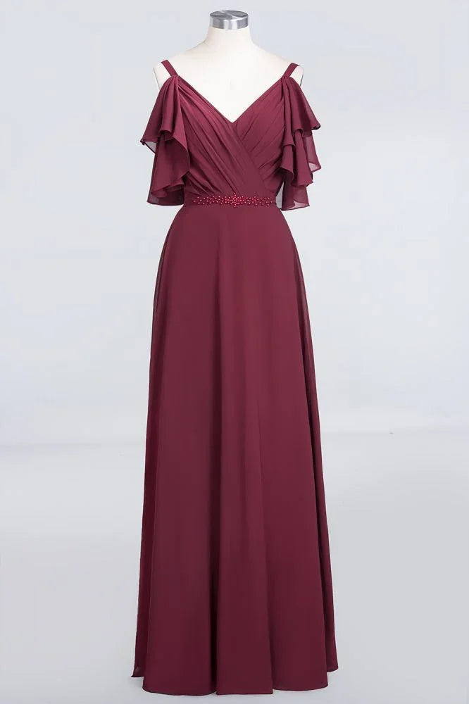 Abito da damigella elegante in chiffon con balze, lungo fino al pavimento, linea A, perle, senza maniche, abito da cerimonia nuziale