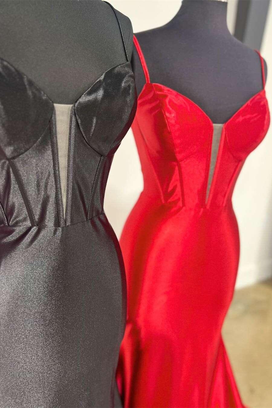 Elori | Abito lungo da sera nero in raso a sirena con scollo profondo