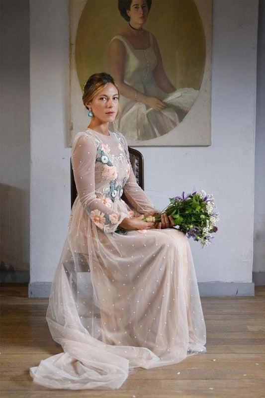 Vestido de fiesta elegante con bordado, corte A, espalda abierta, manga larga y brillante