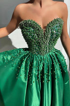 Emerald Green Satin Strapless Evening Gown With Pearl Beaded Corset Bodice