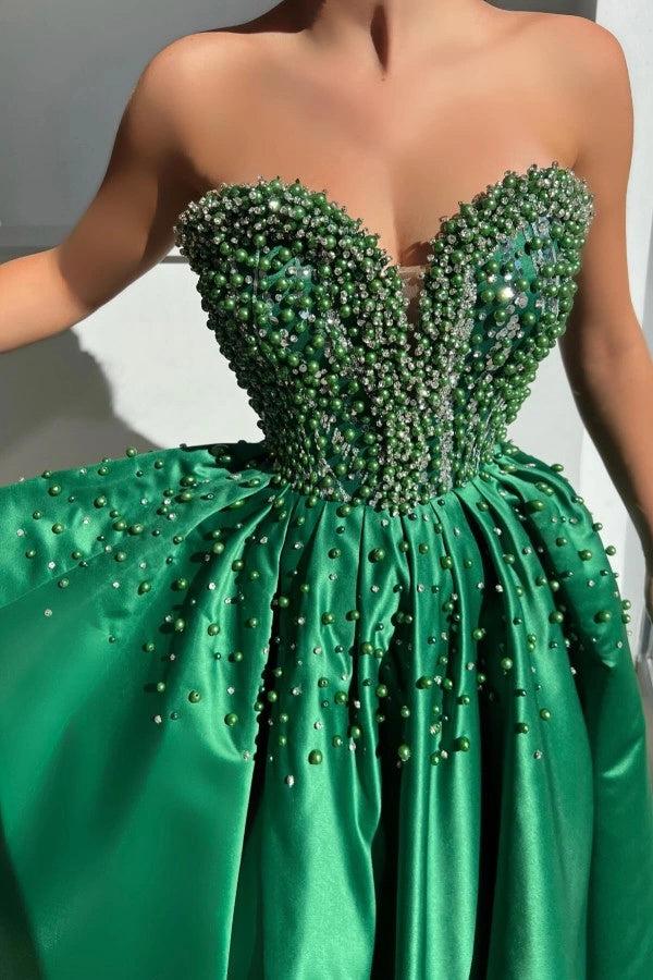 Emerald Green Satin Strapless Evening Gown With Pearl Beaded Corset Bodice
