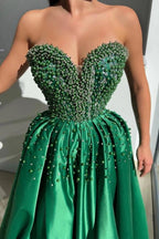Emerald Green Satin Strapless Evening Gown With Pearl Beaded Corset Bodice