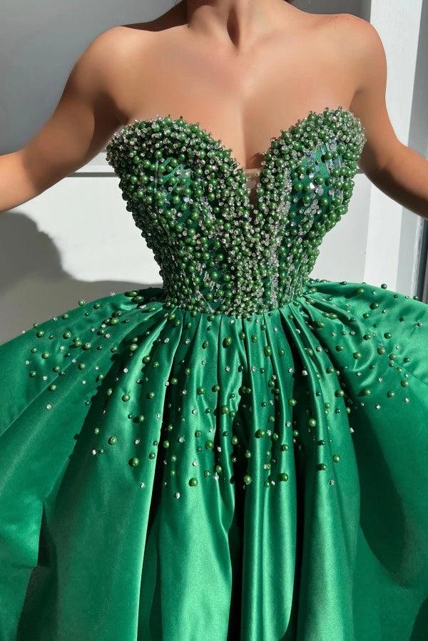 Emerald Green Satin Strapless Evening Gown With Pearl Beaded Corset Bodice