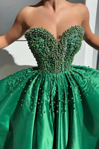 Emerald Green Satin Strapless Evening Gown With Pearl Beaded Corset Bodice