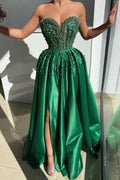 Emerald Green Satin Strapless Evening Gown With Pearl Beaded Corset Bodice