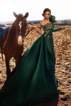 Emerald Green Satin Evening Gown One Shoulder Lace Illusion 3D Rose Dress