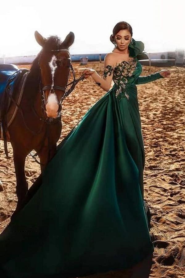 Emerald Green Satin Evening Gown One Shoulder Lace Illusion 3D Rose Dress