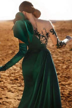 Emerald Green Satin Evening Gown One Shoulder Lace Illusion 3D Rose Dress