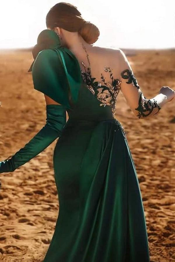 Emerald Green Satin Evening Gown One Shoulder Lace Illusion 3D Rose Dress