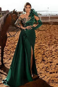 Emerald Green Satin Evening Gown One Shoulder Lace Illusion 3D Rose Dress