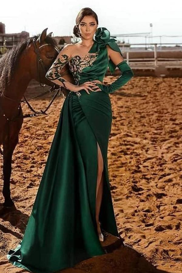 Emerald Green Satin Evening Gown One Shoulder Lace Illusion 3D Rose Dress