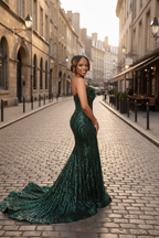 Emerald Sequin Prom Dress With 3D Florals And Spiral Embellishments