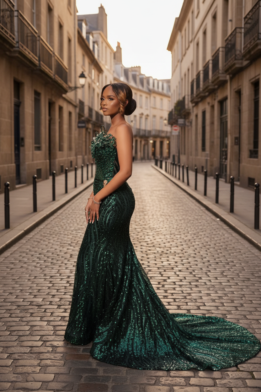 Emerald Sequin Prom Dress With 3D Florals And Spiral Embellishments