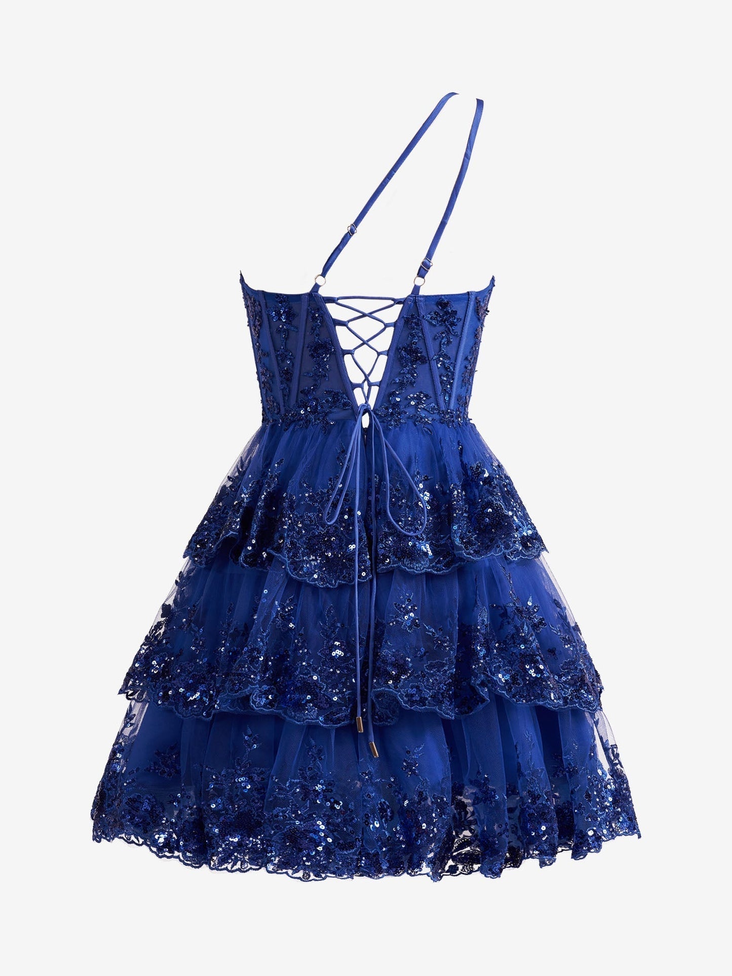 Emma | Kurzes A-Linien-Homecoming-Kleid mit One-Shoulder-Ausschnitt und gestufter Spitze in Marineblau