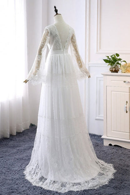 Empire-Taille Langarm-Brautkleid aus Spitze und Tüll 
