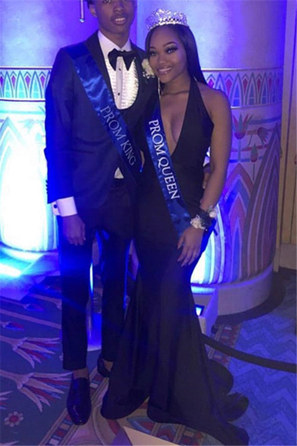 Excellente robe de bal noire longue sirène à col halter et dos ouvert