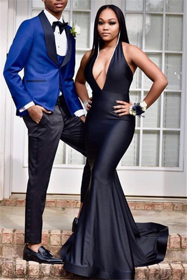 Excellente robe de bal noire longue sirène à col halter et dos ouvert