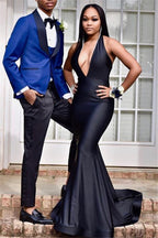 Excellente robe de bal noire longue sirène à col halter et dos ouvert