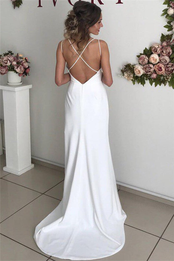 Eccellente abito da sposa lungo a sirena in raso bianco senza schiena con spacco