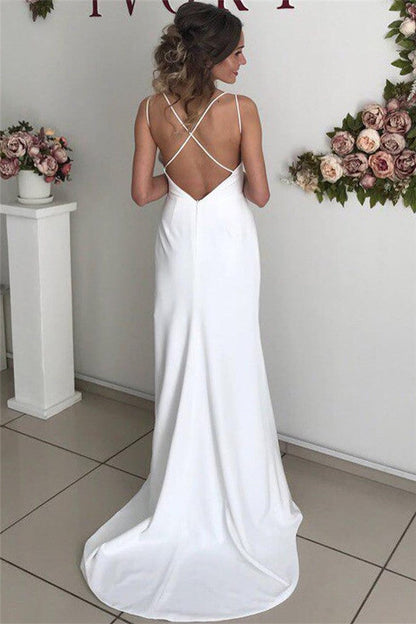 Excellent Long Mermaid Satin White Backless Wedding Dress with Slit