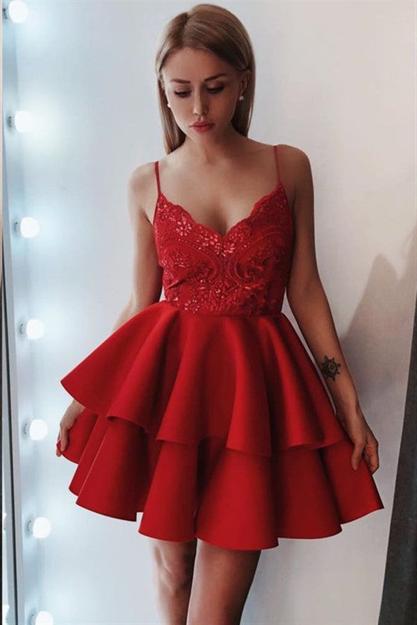 Exquisites A-Linien-Abendkleid mit V-Ausschnitt und Spitze, ärmellos, kurz