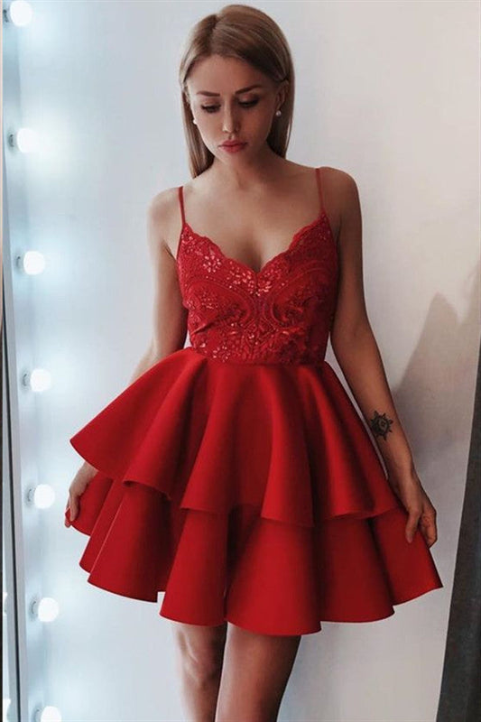 Exquisites A-Linien-Abendkleid mit V-Ausschnitt und Spitze, ärmellos, kurz