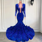 Abito da sera sirena lungo fino a terra con scollo a V, maniche lunghe e paillettes blu squisite