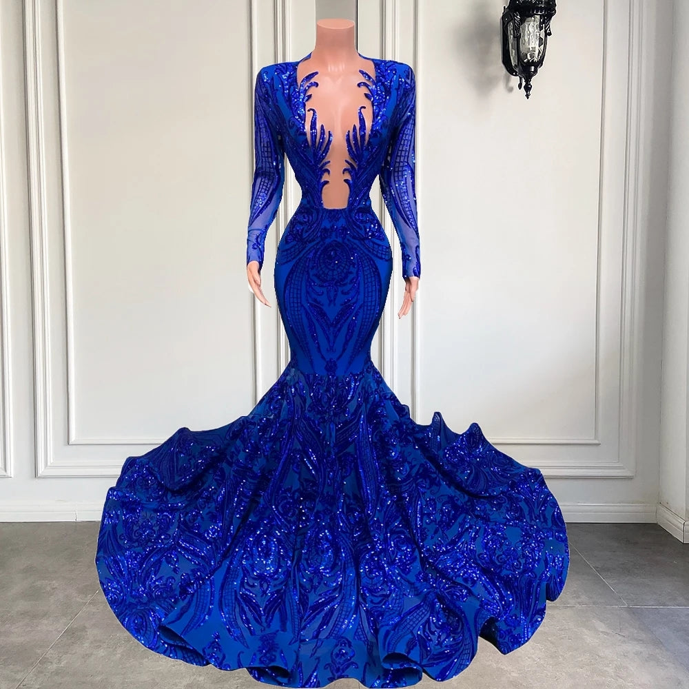 Abito da sera sirena lungo fino a terra con scollo a V, maniche lunghe e paillettes blu squisite