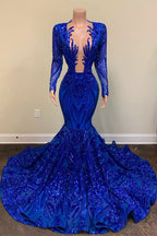Abito da sera sirena lungo fino a terra con scollo a V, maniche lunghe e paillettes blu squisite