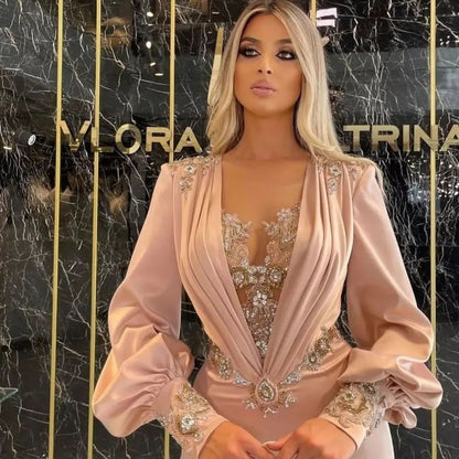 Exquisite Floor Length Long Sleeves Mermaid Satin Prom Dress with Appliques