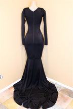 Exquisito vestido de fiesta negro de sirena con escote en V largo y lentejuelas con mangas