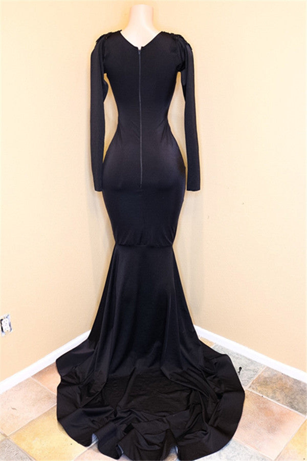 Exquisite Long V-neck Sequined Mermaid Black Prom Dress with Sleeves