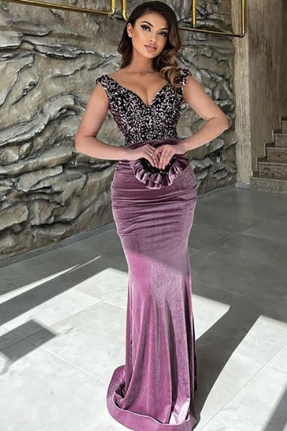 Exquisitos vestidos de fiesta largos hasta el suelo con escote en V y lentejuelas moradas