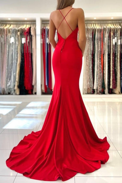 Exquisitos vestidos de fiesta de satén sirena sin mangas con tirantes finos rojos