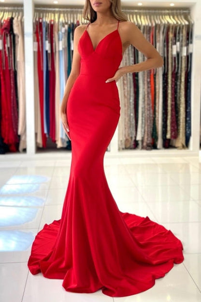 Exquisitos vestidos de fiesta de satén sirena sin mangas con tirantes finos rojos