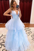 Exquisite Sky Blue A-line V-neck Tulle Long Prom Dress