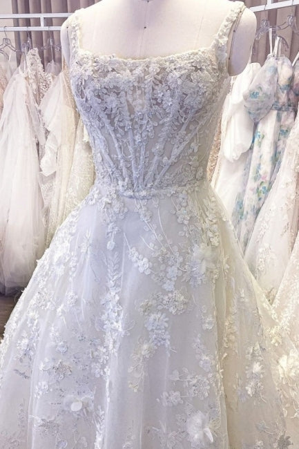 Vestidos de Noiva em Renda com Alças Finas, Sem Mangas, Corte em A e Padrão Exquisito