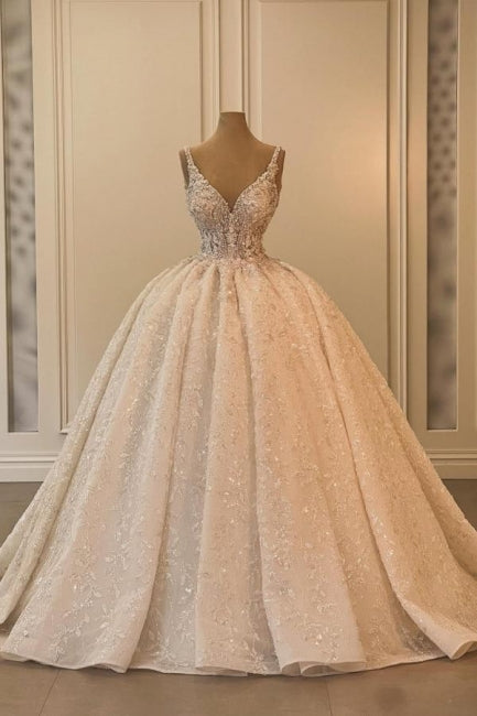 Vestido de Noiva Extravagante Longo em Linha A com Decote em V, Sem Mangas, Estilo Princesa, Brilhante, com Renda