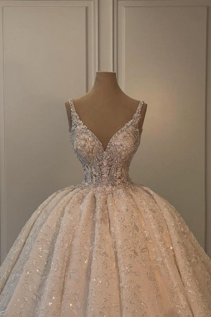 Vestido de novia largo extravagante de corte A con escote en V, sin mangas, estilo princesa con purpurina y encaje