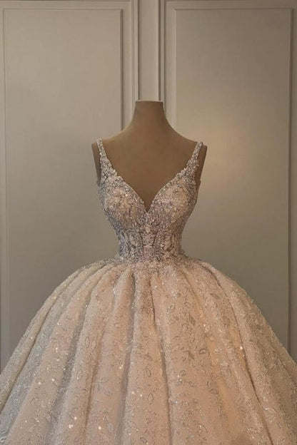 Vestido de novia largo extravagante de corte A con escote en V, sin mangas, estilo princesa con purpurina y encaje