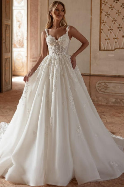 Extravagantes langes elfenbeinfarbenes A-Linien-Prinzessin-Brautkleid mit Spaghettiträgern und Spitze